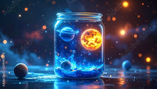 A glowing jar contains a miniature solar system with planets and stars