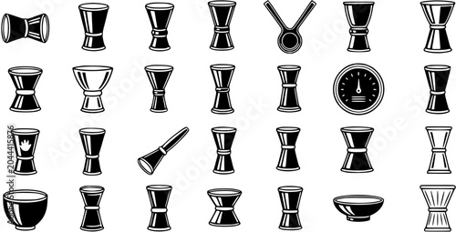 Foto Black and White Vector Icons of Musical Instruments and Tools, Percussion Drums,