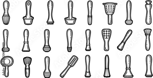 Foto Black and White Line Art Bartending Tools and Muddlers Icons Set for Cocktail Mi