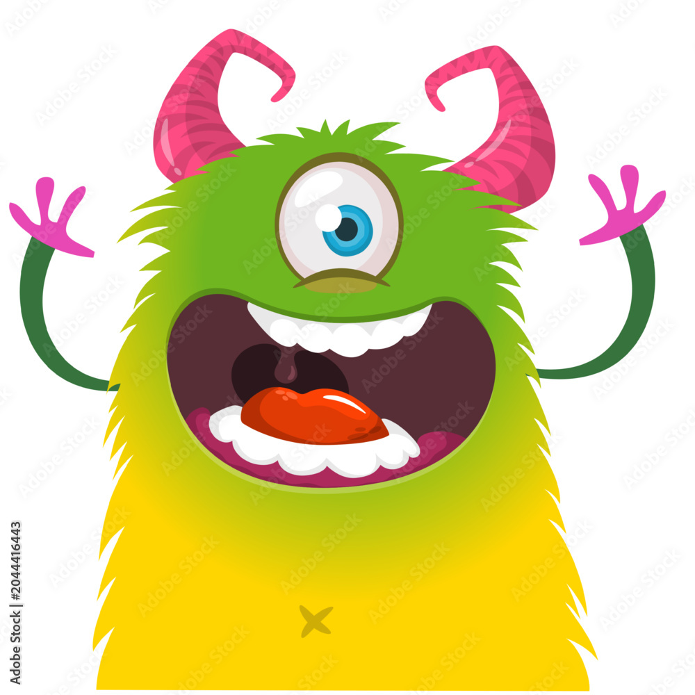 Fototapeta premium Cartoon cute and funny monster with scary face expression waving hands . Vector illustration isolated on white. For Halloween party decoration design
