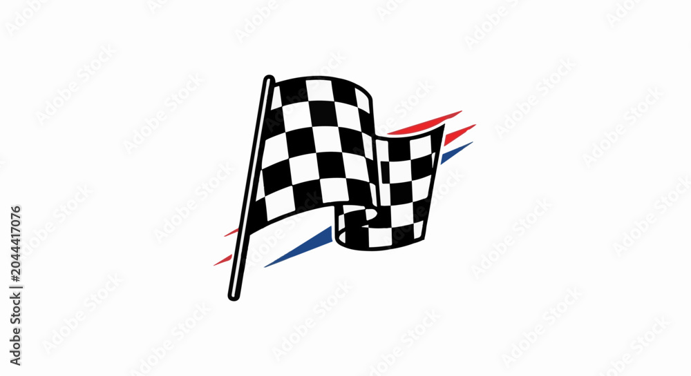 Fototapeta premium A checkered flag waves against a white background with red and blue streaks