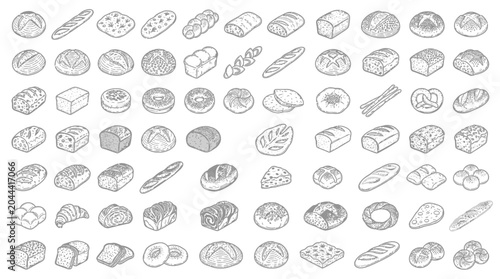 Fotografía Collection of various types of bread and baked goods in a hand-drawn sketch style, presented in a grid layout
