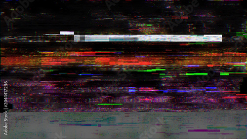 Cuadro en lienzo Abstract digital glitch texture on a black background, with distorted neon blue, cyan, green, and purple scan lines, creating a futuristic cyber error effect