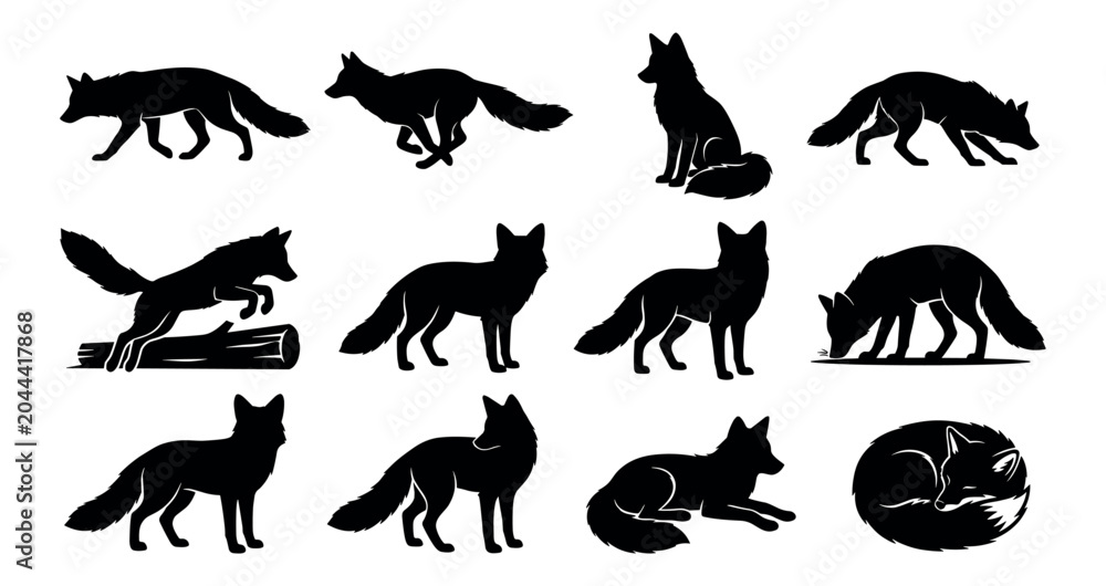 Obraz premium Fox Silhouette Set: Wild Foxes Running, Jumping Over Log, Prowling, Hunting, and Sitting Poses Isolated Vector Predator Clip Art