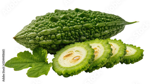 Tableau sur toile Green bitter melon gourd with sliced pieces and leaf