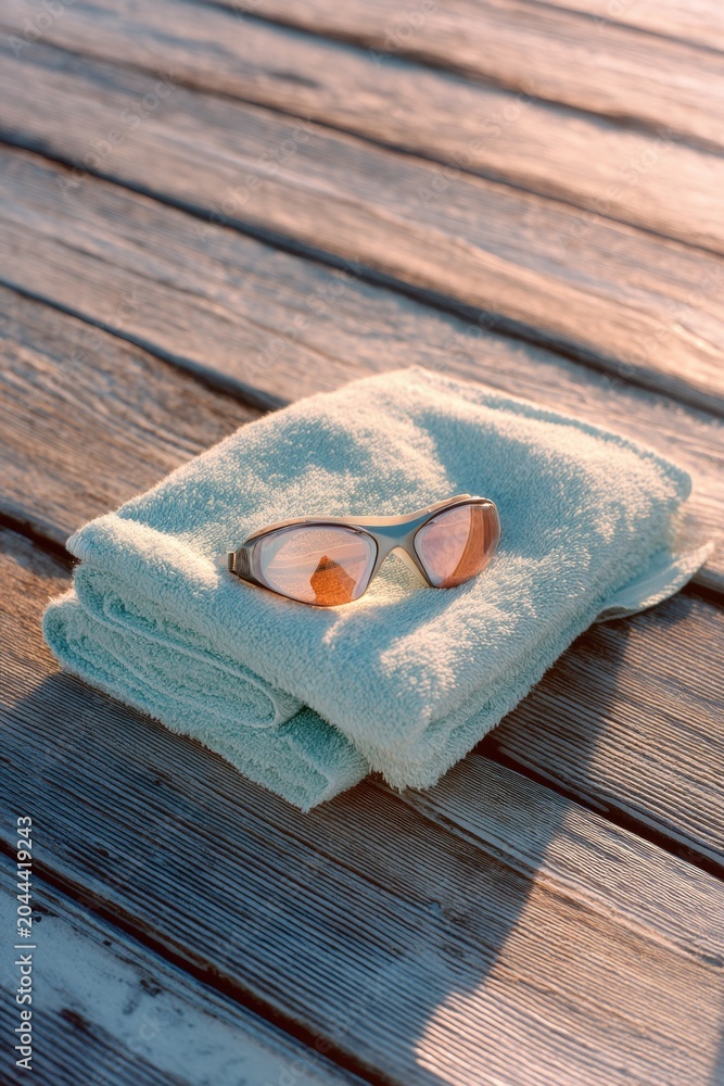 Obraz premium Swimming goggles resting on a light blue towel placed on a wooden pier. Summer recreation and sport concept. Outdoor activity preparation for swimming at the beach or a pool deck.