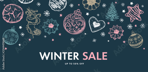 Winter sale, Christmas tree and ball set, Hand drawn illustration.	
