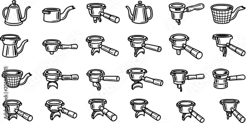 Black and White Line Art Icons of Coffee Portafilters and Kettles for Barista and Cafe