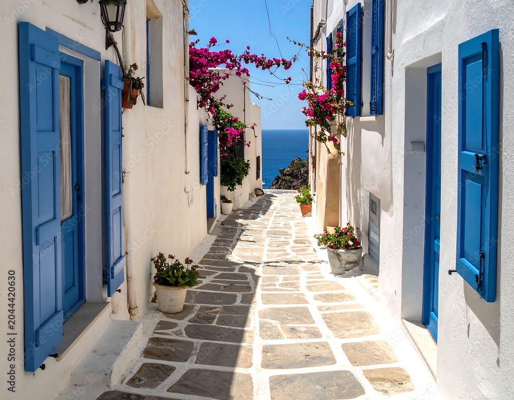 Fototapeta premium A picturesque whitewashed alleyway with blue shutters and vibrant pink flowers