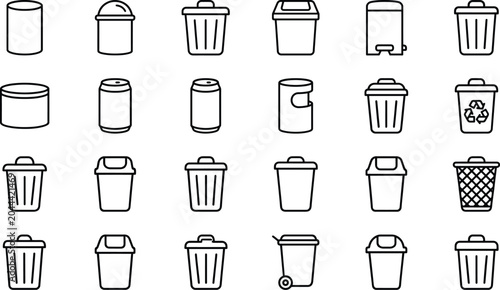 Set of twenty four black and white line depicting various trash cans recycling bins waste baskets and metal canisters arranged in a grid pattern on a plain white background