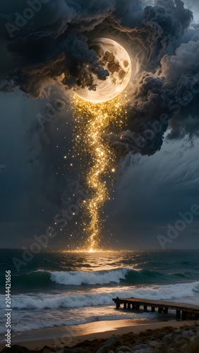 Surreal Fantasy Full Moon Pouring Golden Stardust Waterfall into Ocean Waves with Wooden Pier