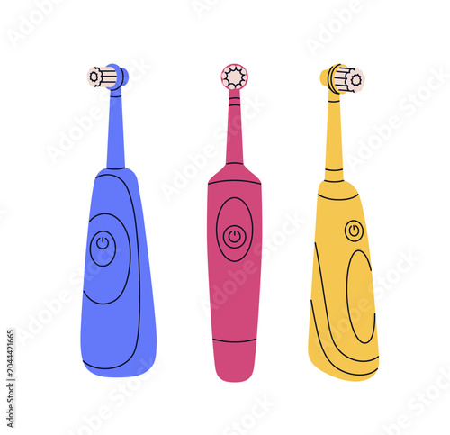 Electric toothbrushes set. Oral and dental care tools with rotating bristles,...