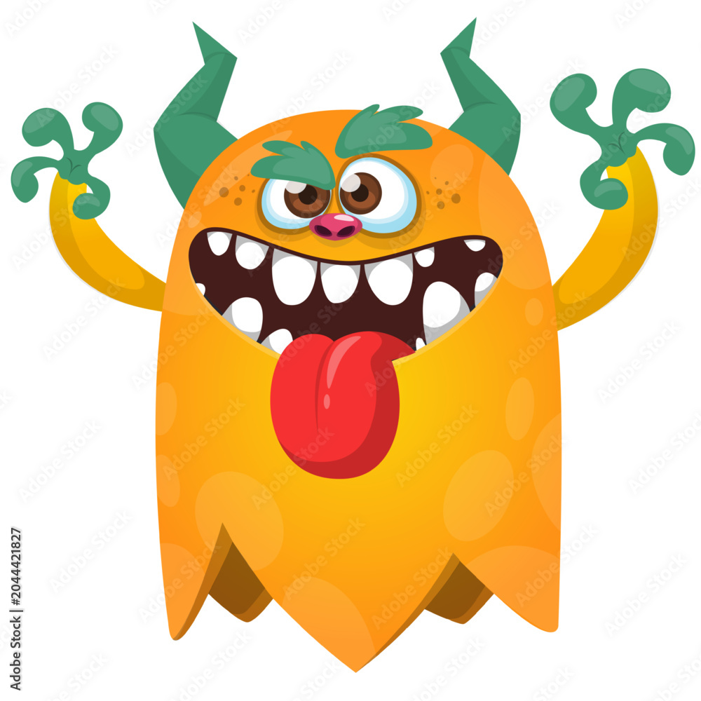 Fototapeta premium Cartoon cute and funny monster with scary face expression waving hands . Vector illustration isolated on white. For Halloween party decoration design