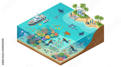 Scientists and diver conducting marine research on a coral reef ecosystem