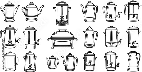 Photos Food  Drink Kitchenware and Catering Line Art Set: Hand-Drawn Icons of Kettles, Coffee Makers, Tea Pots, and Hot Water Dispensers