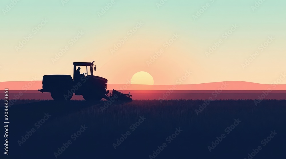 Fototapeta premium Silhouette of a farmer operating agricultural machinery during a picturesque sunset, showcasing the serene beauty of rural landscapes and the dedication of agricultural workers