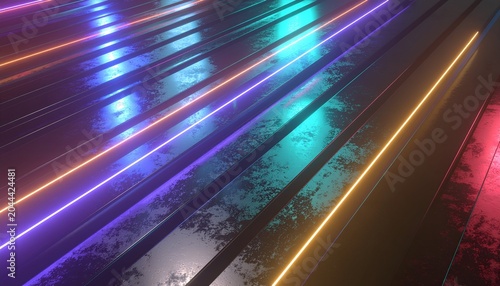 Metallic surface with vibrant neon light reflections