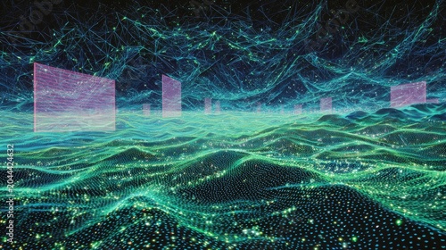 Digital landscape with glowing nodes and holographic screens in a vast network