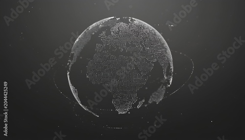 Spherical wireframe globe with orbiting rings, dark background