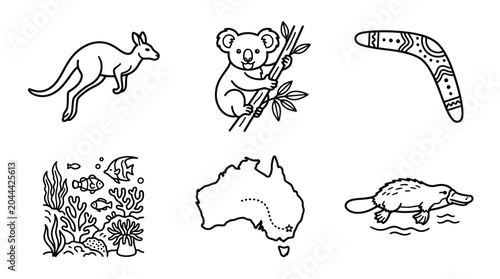 Photography Australian Animals and Symbols: Kangaroo, Koala, Boomerang, Platypus, Map
