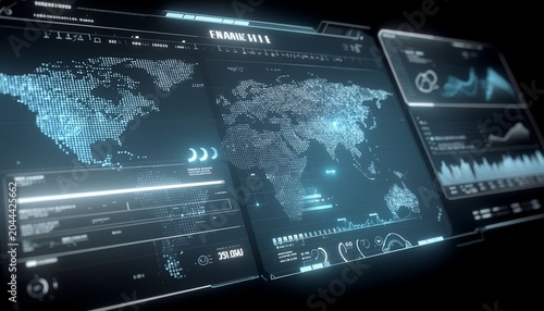 Futuristic control panel displaying a world map and data