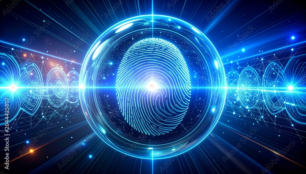 Fototapeta premium Glowing digital fingerprint inside a futuristic glass sphere with blue neon light rays and high tech cyber background