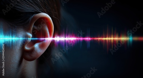 Close-up of a human ear receiving a vibrant, colorful soundwave visualization