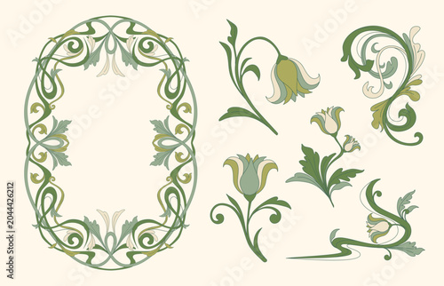 Foto Elegant art nouveau floral frame, corners with ornate botanical ornament and decorative vintage border