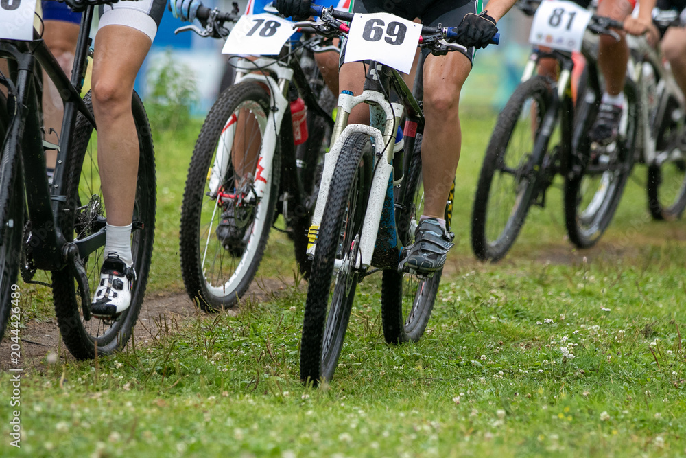 Fototapeta premium Group mountain bike racers participating in cross-country race