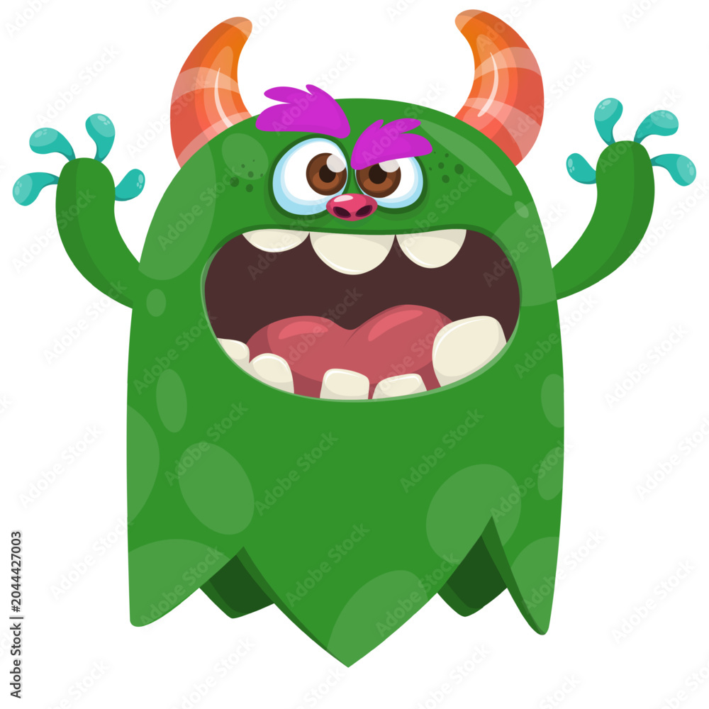 Fototapeta premium Cartoon cute and funny monster creature character design with scary horns and face expression waving hands . Vector illustration. For Halloween party decoration design