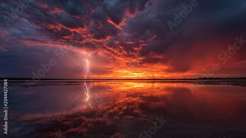 Dramatic lightning strikes a fiery sunset over a reflective, calm water body