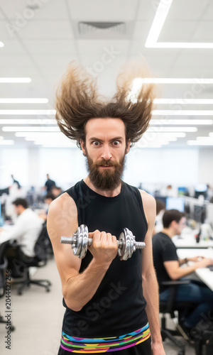 Humorous office worker with wild flying hair doing bicep curls with dumbbell at desk. Funny fitness shows workplace wellness with exaggerated intensity. Great for comedic business and health content.
