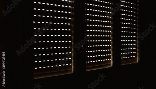 Partially lowered rolling shutters with horizontal slats allowing bright sunlight to filter through in geometric pattern. Creates dramatic light and shadow striped effect against dark interior.
