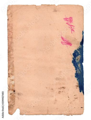 Weathered vintage paper with torn edges, water stains, and pink ink marks creating authentic aged texture. Beige parchment shows blue ink damage and distressed surface. For antique backgrounds.
