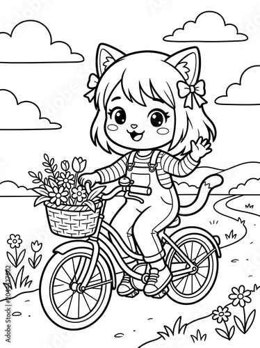 Whimsical kawaii-style chibi girl with cat ears riding a bicycle while carrying a basket of flowers in a cheerful outdoor park scene, monochromatic line art with soft shading