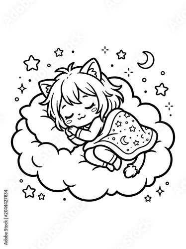 Whimsical anime-style catgirl child peacefully sleeping on a dreamy cloud with celestial stars and moon, soft monochrome line art with ethereal glow, minimalist fantasy illustration