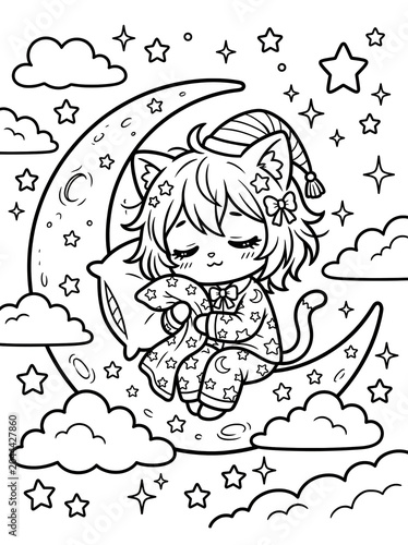 Whimsical celestial-themed line art illustration of a cute chibi cat girl floating on a crescent moon under starry night sky, monochrome aesthetic with delicate cloud patterns and twinkling stars