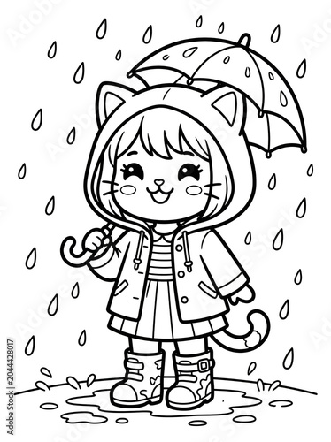 Whimsical kawaii-style chibi cat-girl holding umbrella in monochrome rain illustration with soft crosshatching texture and playful composition