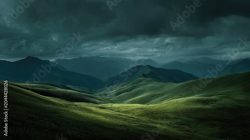 Lush green hills under stormy, dramatic mountain skies