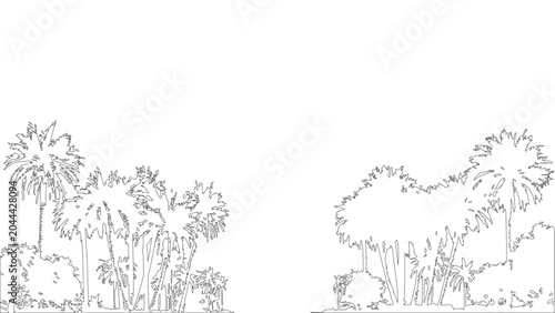 Palm tree line art silhouettes set on transparent background for landscape architecture art.