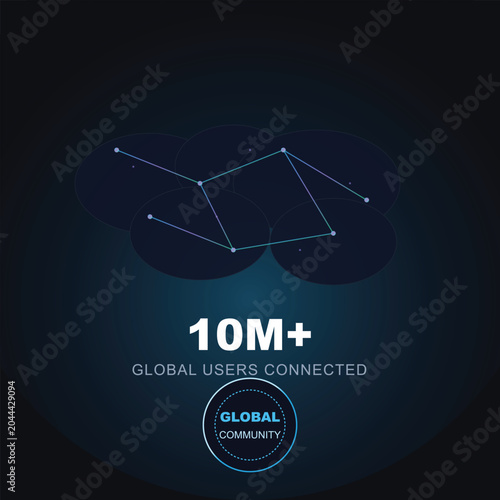 A digital illustration depicts a network of connected users worldwide on a dark background.