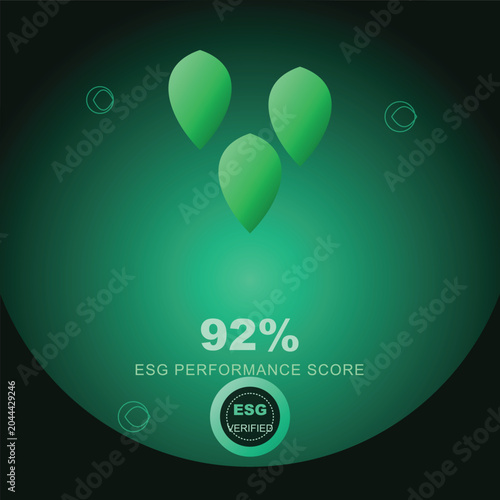 Green ESG performance score graphic shows three teardrops and 92 percent