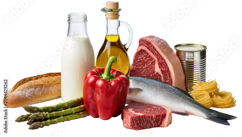 Raw food assortment beef steaks fish asparagus bell pepper bread milk oil pasta, canned food