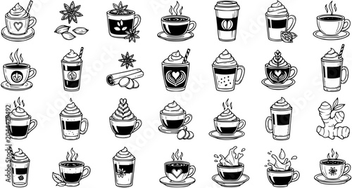 Tableau sur toile Black  White Hand-Drawn Line Art Coffee and Tea Beverage Illustrations Set for F