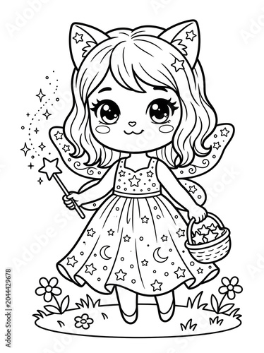 Whimsical fairy-themed chibi character holding star wand and basket of flowers in ethereal line-art style, celestial stars and crescent moon details, soft monochromatic contrast with subtle sparkle