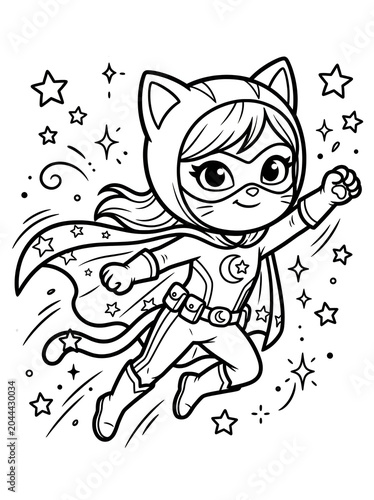 Whimsical black-and-white cat superhero illustration flying through cosmic space with dynamic starburst background and expressive pose