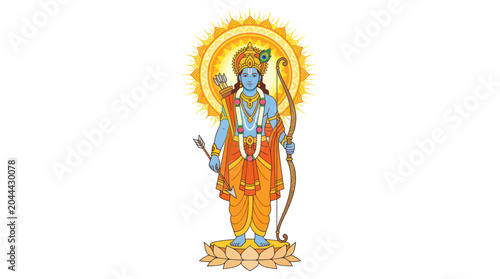 Canvastavla Lord Rama, Hindu deity, warrior with bow and arrow, radiant sun disc background