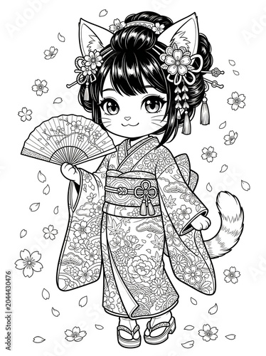 Adorable kawaii-style chibi girl in traditional Japanese kimono holding a decorative fan surrounded by cherry blossoms, monochrome line art with delicate sketching style, whimsical and playful