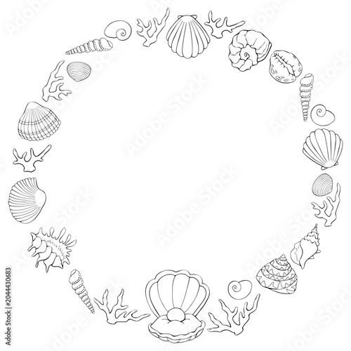 Round frame made of outline seashells. Vector marine wreath, border hand drawn in doodle style, isolated on white background. Suitable for summer design, kids activity or coloring book
