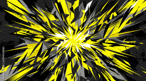 Abstract Dynamic Explosion Background with Vibrant Yellow and Grey Geometric Shapes Ideal for Extreme Sports and Racing Designs